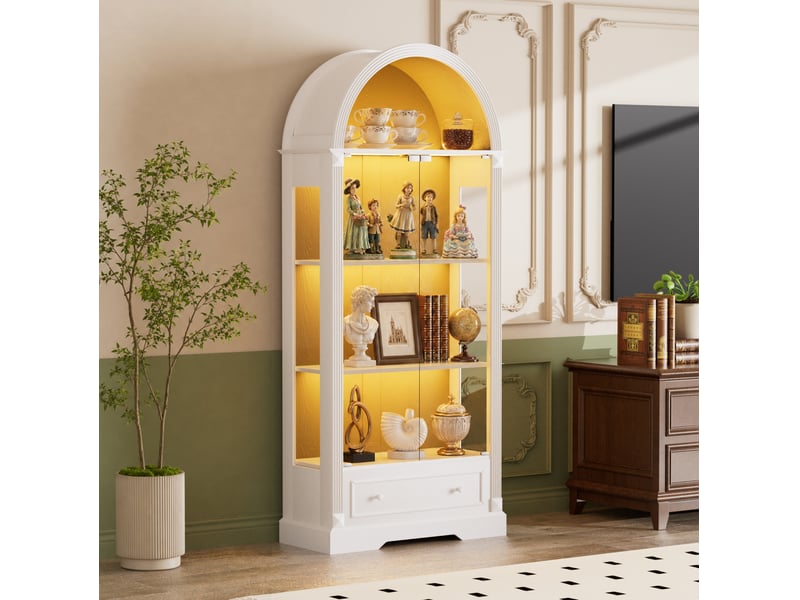  Vitrine 80x35x180 cm à portes en verre avec led et tiroirs coloris blanc  - Conforama B