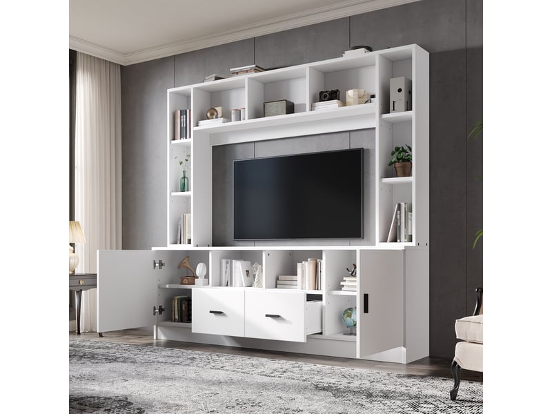  Ensemble meuble tv mural blanc pour écran jusqu'à 60 pouces - 180x35x170 cm - multi-rangements  - Conforama R