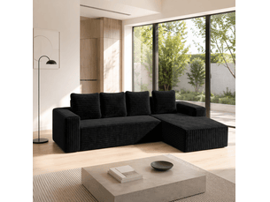 Canapé d'angle modulable 4 places avec méridienne réversible, assise profonde sans montage en velours côtelé noir