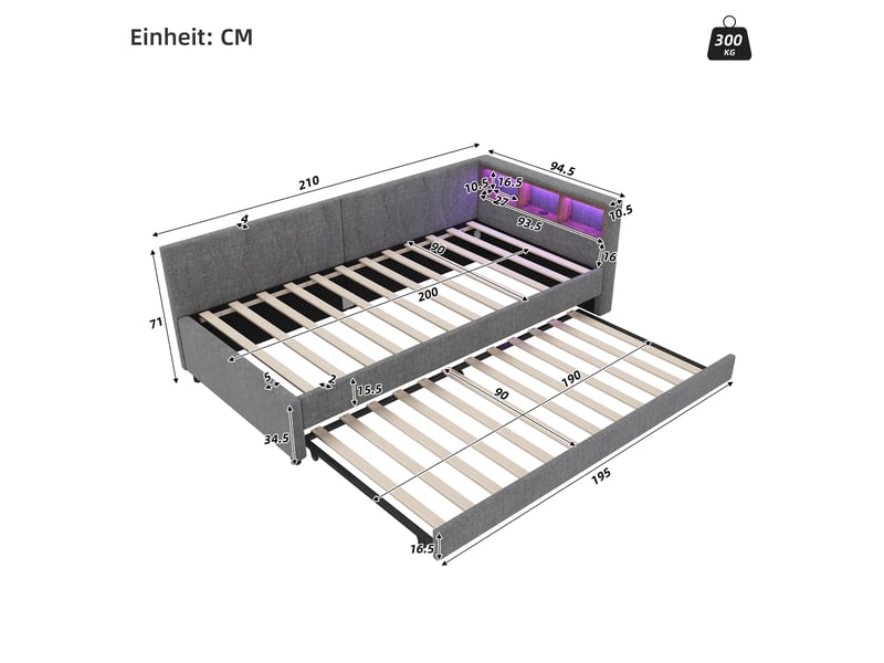 Lit banquette gris 90x200 cm, lit gigogne, led, usb-c et rangement intégré - Conforama C