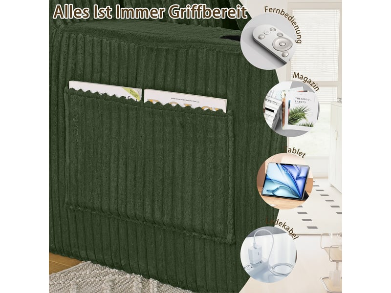 Canapé convertible 2 places avec porte-gobelet et poche latérale - coussins amovibles, tissu côtelé vert - Conforama E