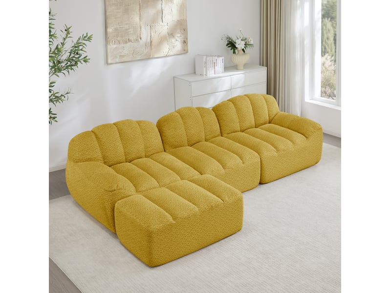  Canapé d'angle modulaire ulevr 3 places avec ottoman, configuration en l, tissu bouclette jaune, 288 x 165 x 79 cm  - Conforama B