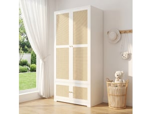 Armoire penderie 4 portes 90x48x180 cm en rotin, avec barre et compartiments, moderne, meubles de chambre, mdf blanc