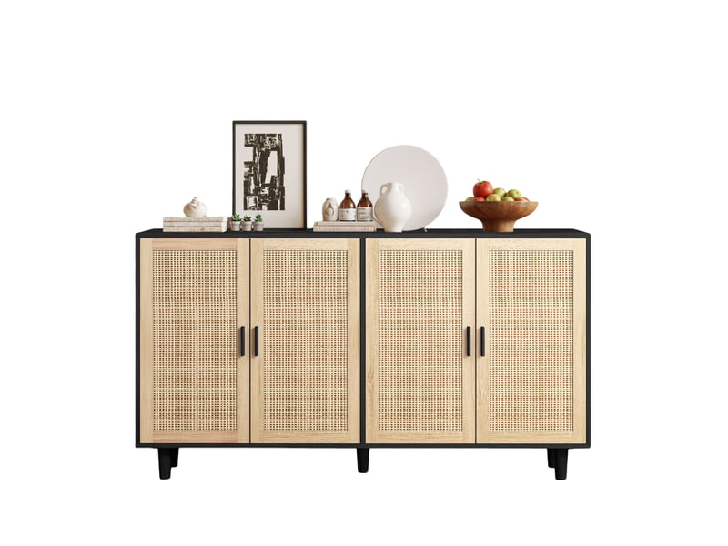  Buffet 4 portes en rotin avec étagère réglable pour salon en panneaux de particules 158×40×88 cm noir  - Conforama A