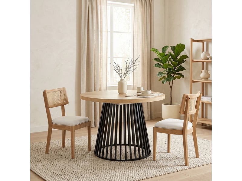 Ensemble table et chaises 4-8 pers, table extensible 100/138/176x100cm, chênenoir + 6 chaises bois/rotin lin  - Conforama D