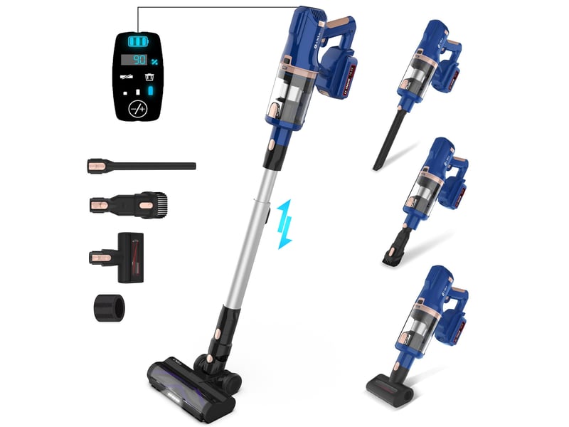  Aspirateur balai sans fil 2-en-1, moteur sans balais 300 w, filtration hepa, batterie 4000 mah, écran led, bleu  - Conforama A