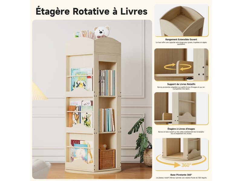  Bibliothèque tournante 360° 63x41x142 cm avec 4 étagères, gain de place, design arbre, rotation silencieuse, mdf, naturel  - Conforama D