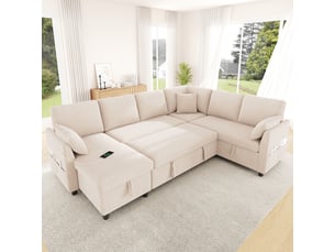 Canapé d'angle réversible convertible OKMYHOME 6 places Polyester beige avec coffre de rangement