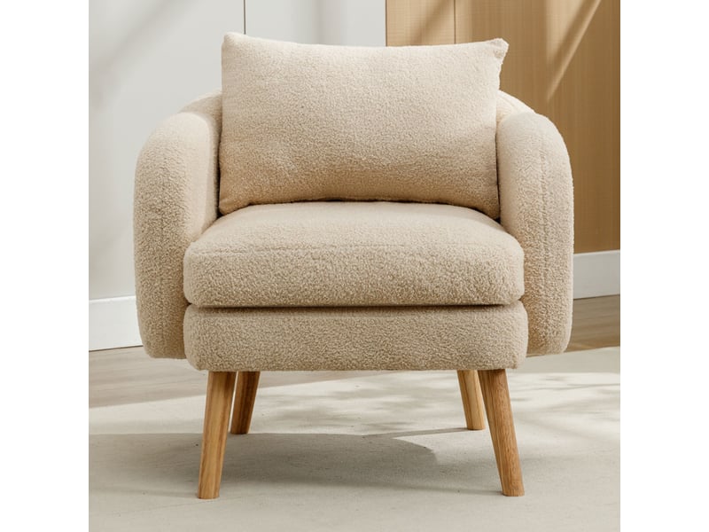  Fauteuil d'accent 75x69x71cm – fauteuil salon individuel avec coussin de 14cm et oreiller lombaire – tissu de velours teddy - beige  - Conforama D