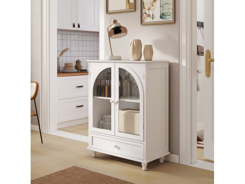 Buffet haut blanc 71 x 38 x 93,5 cm avec 2 portes en verre trempé et tiroir - Conforama D