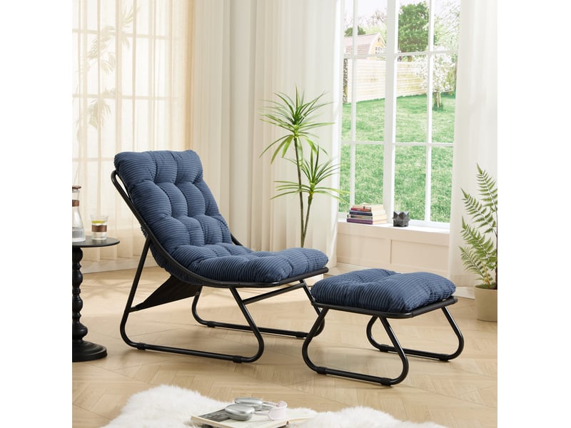 Fauteuil de jardin avec repose-pieds en velours côtelé bleu marine, structure acier noire, pour intérieur et extérieur  - Conforama E