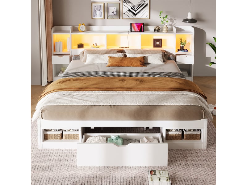  Lit plateforme 180 x 200 cm avec tête et pied de lit à rangements, 3 tiroirs, niches, led et usb, mdf et contreplaqué, blanc OMNIGLINT TRADING LTD - Conforama C