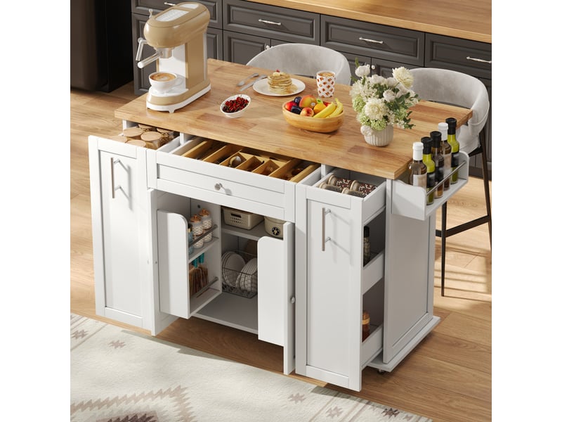  Ilot central de cuisine - 120x70x87cm - desserte avec plateau rabattable tiroir rangement épices et roulettes - blanc  - Conforama D