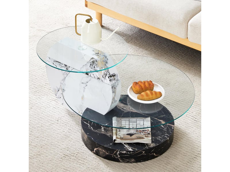  Table basse - 90x51x44cm - en verre trempé &amp; mdf - table de salon multiniveau effet marbre - noir  - Conforama C