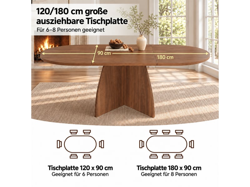 Table à manger extensible 120-180x90x75cm pour 6 à 8 personnes, plateau rectangulaire aux angles arrondis, style épuré, effet noyer evarich - Conforama D