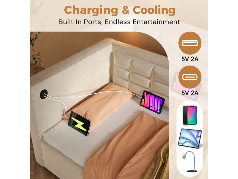  Lit banquette 90 x 200 cm avec coffre, usb et usb-c, velours beige, sans matelas  - Conforama E