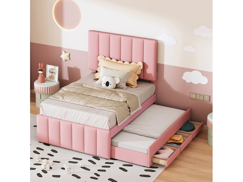  Lit gigogne rembourré 90x200 cm avec 3 tiroirs, revêtement coton et lin, rose  - Conforama C