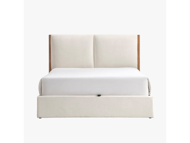  Lit double en tissu beige et bois avec coffre 140x190 cm JUNA-140X190-BEI - Conforama D