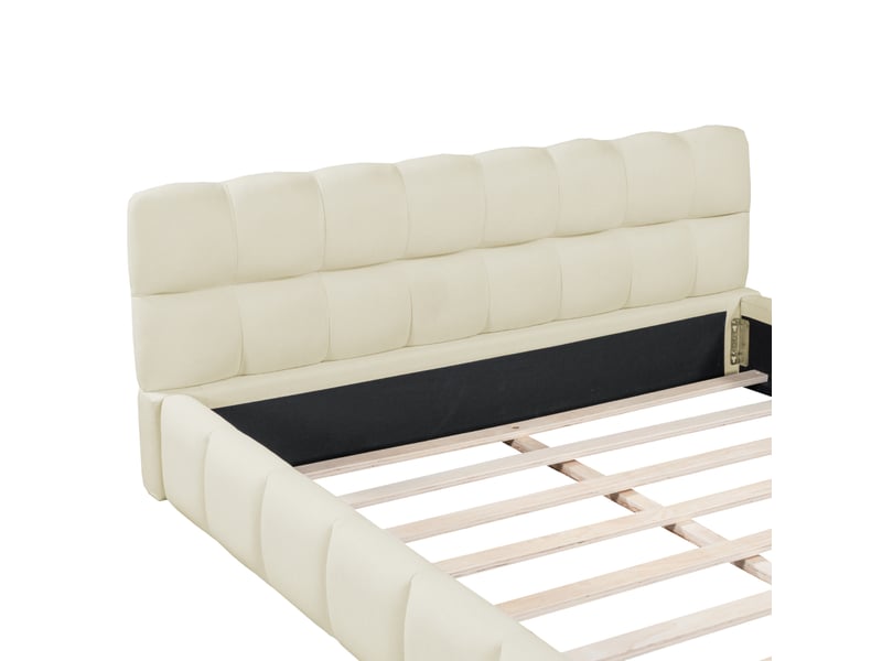  Lit 2 place 140x190 cm avec sommier à lattes et tête de lit à volants, lit enfant moderne, tissu lin beige, sans matelas  - Conforama R