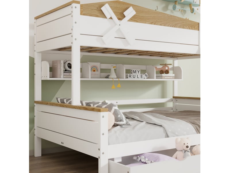  Lit superposé enfant 90x200 et 140x200 cm avec moulin à vent, blanc et naturel  - Conforama D