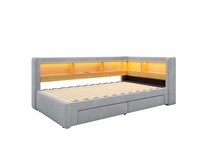  Banquette-lit 3-en-1 extensible 90/180x200 cm, led, prise, tiroirs, lit gigogne  - Conforama E