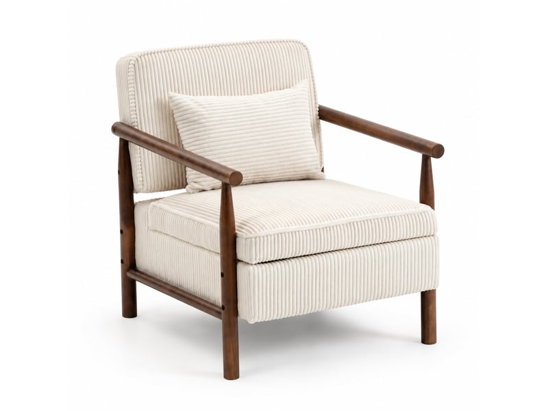  Fauteuil 80x61x71.9 cm, assise avec rangement, structure en bois, tissu velours, canapé 1 place, coloris blanc et brun  - Conforama A