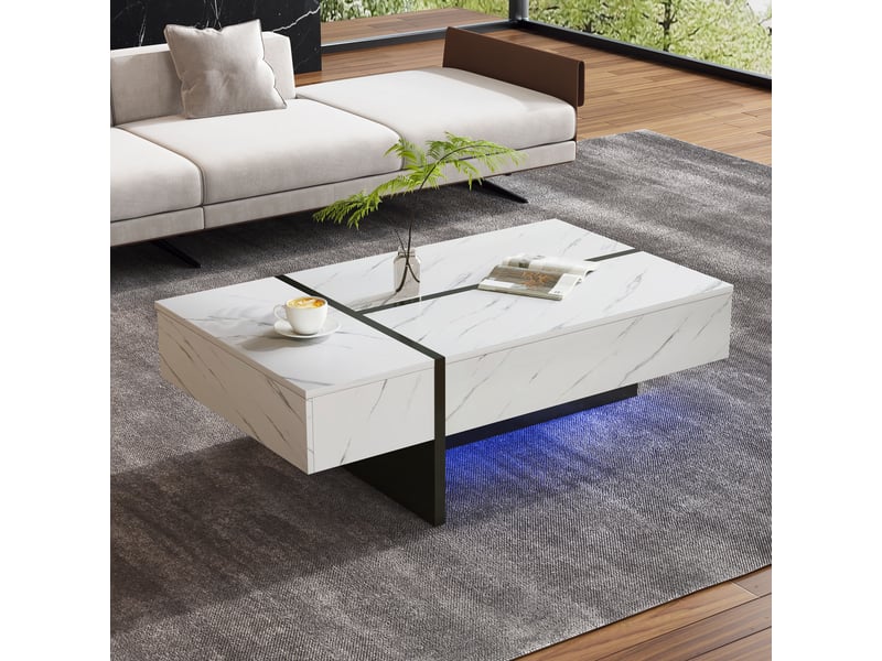  Table basse blanche moderne avec led effet marbre, 3 tiroirs, 105x60x35 cm  - Conforama R