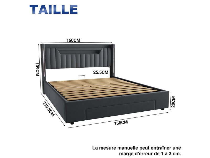  Lit double,160x200 cm,avec polsterauflage stauraum sous le lit avec schubladen,gris  - Conforama C