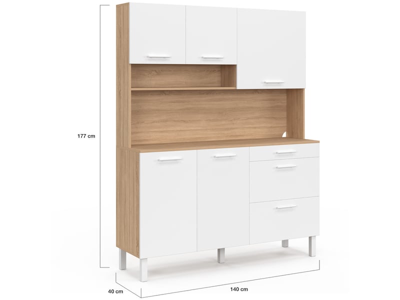 Buffet casserolier de cuisine 140 cm cina 5 portes + 3 tiroirs façon hêtre et blanc  - Conforama E
