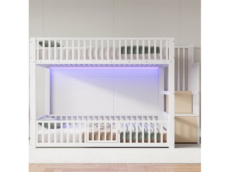  Lit superposé bas 140x200 cm blanc, avec escalier de rangement, led, garde-corps, structure métal, sommier inclus, sans matelas  - Conforama R