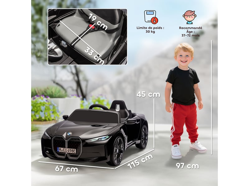 Voiture électrique pour enfants licence bmw i4 12v avec télécommande mp3 musique lumières et ceinture 115x67x45 cm noir - Conforama E