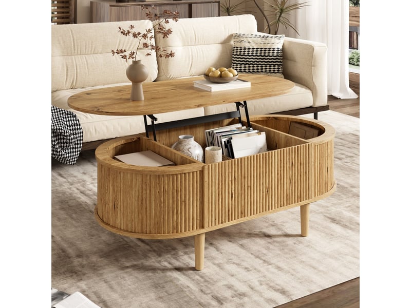 Table basse ovale relevable 100x48x54,5 cm avec plateau réglable, rangement caché, effet ondulé, naturel  - Conforama D