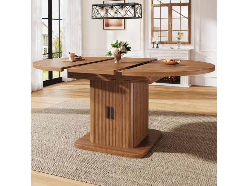 Table à manger extensible ronde en ovale 110-150x110x75 cm table à manger 4 à 6 personnes en bois avec portes coulissantes, noyer - Conforama D