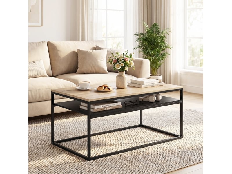 Table basse avec étagère ouverte et pieds réglables, style industriel, chêne et noir 100 × 59,8 × 47 cm - Conforama B