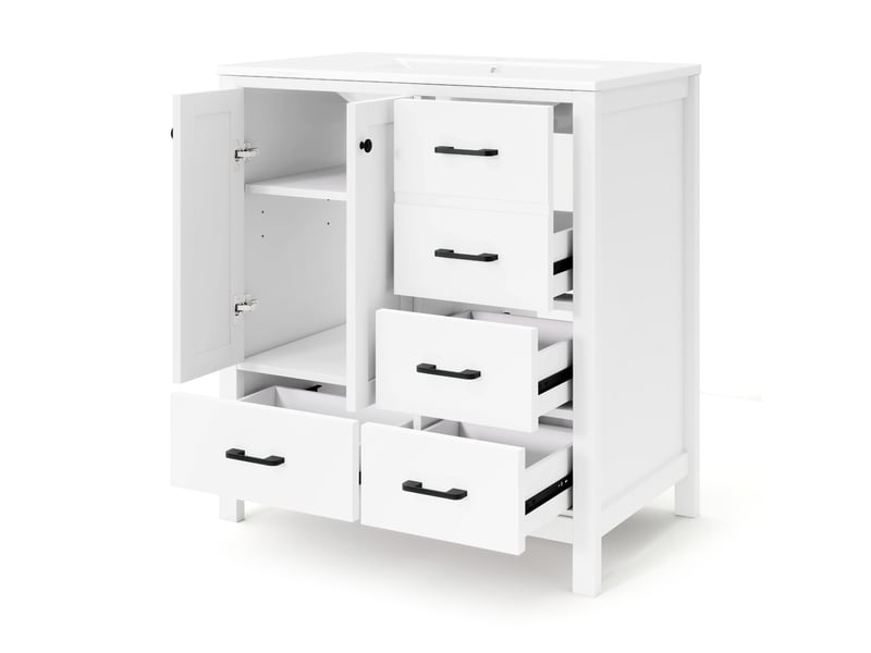  Meuble vasque salle de bain blanc 76 cm avec lavabo céramique intégré, tiroirs et étagères réglables  - Conforama E