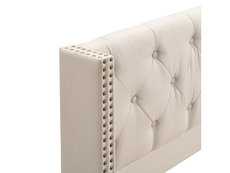  Lit enfant 140x190 cm, tête de lit, design capitonné à boutons, sommier, lin beige, sans matelas  - Conforama R