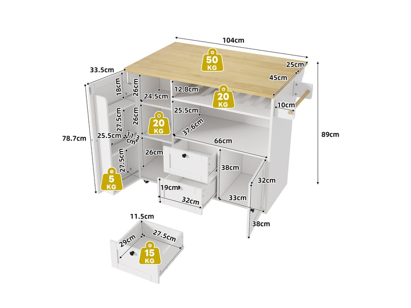Desserte de cuisine 104x69x89 cm en mdf blanc et naturel avec plateau rabattable - Conforama C
