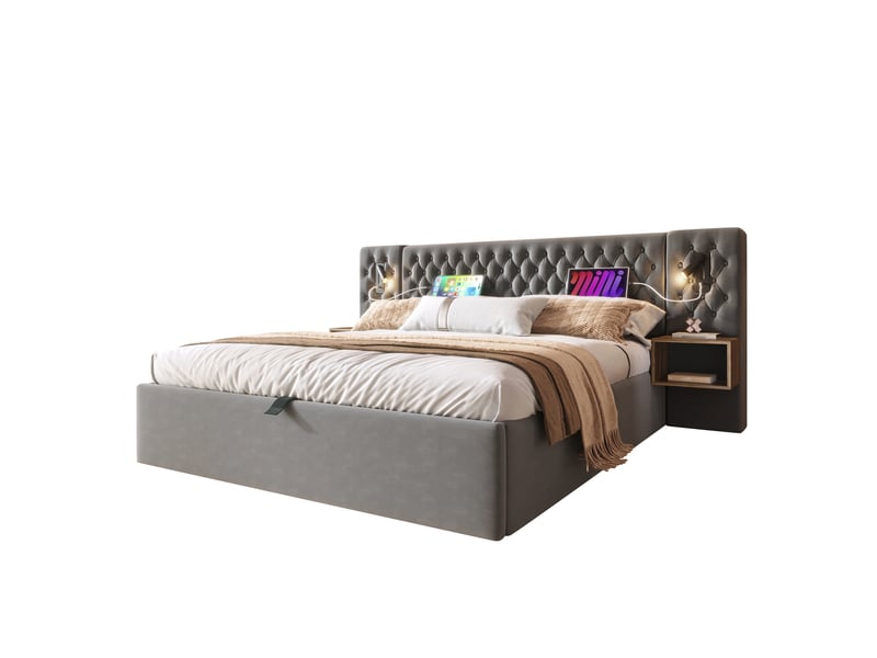  Lit coffre 160x200 cm velours gris - tête de lit led usb, tables de chevet, rangement hydraulique, matelas inclus  - Conforama A