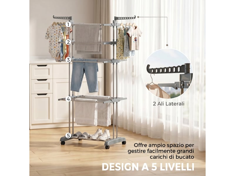  Étendoir à linge pliable à 5 niveaux, avec roulettes et structure en acier inoxydable, pour la maison et la buanderie, gris  - Conforama D