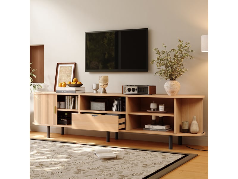  Meuble tv 175x40x55 cm - meuble bas arrondi avec porte à rideau, tiroir et niches ouvertes, charge 50 kg, mdf - bois naturel  - Conforama E