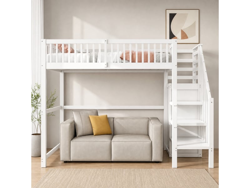  Lit mezzanine enfant simple 90×200 cm avec escalier, armoire et étagères  - sans matelas, bois - blanc  - Conforama C