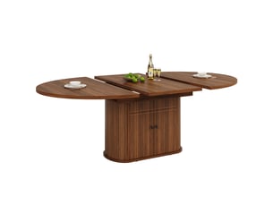 Table à manger extensible 118-158x118 cm pour 4 à 6 personnes, rangement intégré 2 portes, étagères réglables, pied central rainuré, brun foncé