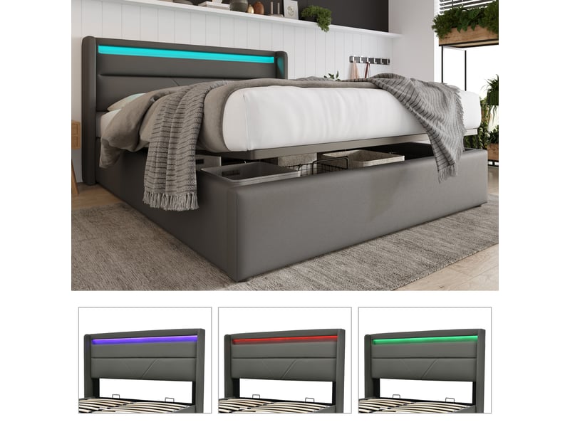  Lit coffre 140x200 cm - lit coffre capitonné double avec tête de lit led et coffre hydraulique, pu gris, matelas inclus  - Conforama D