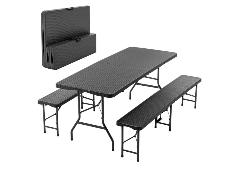 Ensemble table de jardin - table de pique-nique pliante 180x74 cm – noire – 2 bancs, verrouillage de sécurité et poignée intégrée - Conforama D