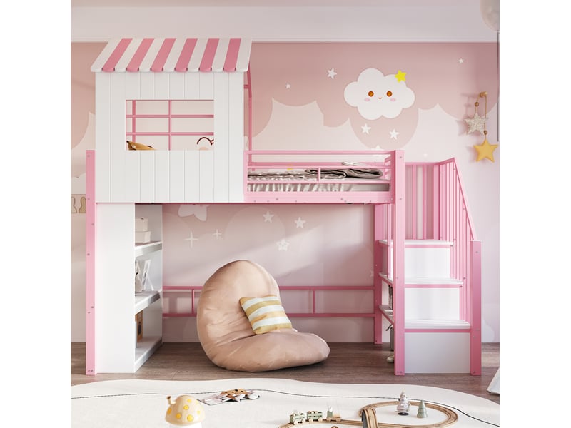  Lit enfant en mezzanine, 90 x 200 cm, lit simple avec escalier aménagé, matelas non inclus, mdf et métal, coloris noir  - Conforama D