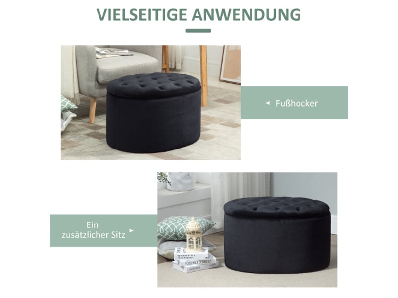  Banc coffre noir ovale 71x52x42 cm, rembourré en polyester effet velours, bois d’hévéa  - Conforama B