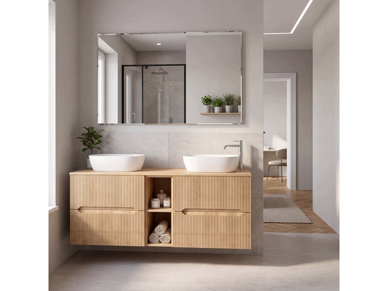  Meuble sous vasque suspendu avec étagère 4t novo l.140 cm effet chêne hikora  - Conforama B