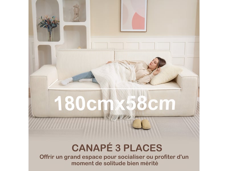  Canapé 3 places en velours côtelé 230 cm, canapé moderne, beige, pas de montage nécessaire  - Conforama A