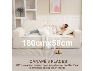 Canapé 3 places en velours côtelé 230 cm, canapé moderne, beige, pas de montage nécessaire