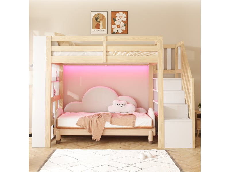  Lit mezzanine 90x200 cm avec rangements, éclairage led, bois et mdf, couleur blanc et bois naturel sans matelas  - Conforama B